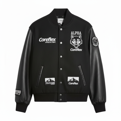 Black varsity jacket with white logos and text on a white background