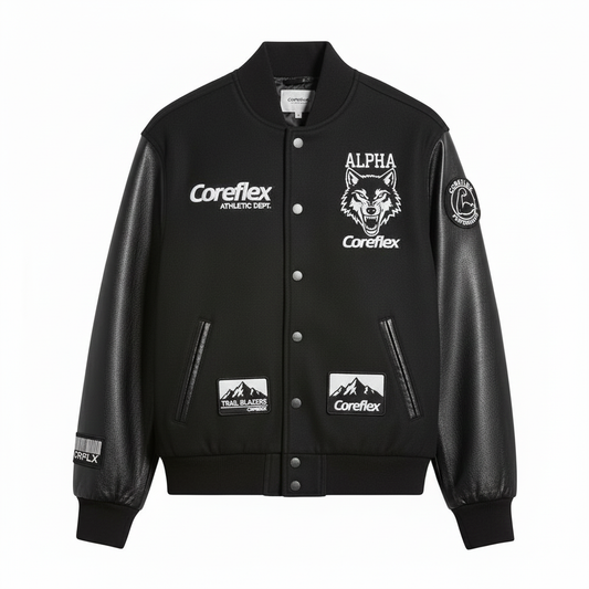 Black varsity jacket with white logos and text on a white background