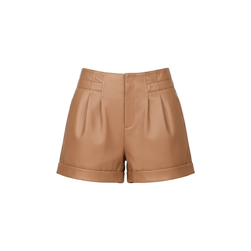 Tan leather shorts on a light gray background