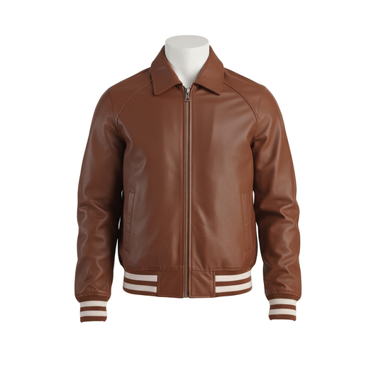 Brown leather jacket with white accents on a light gray background