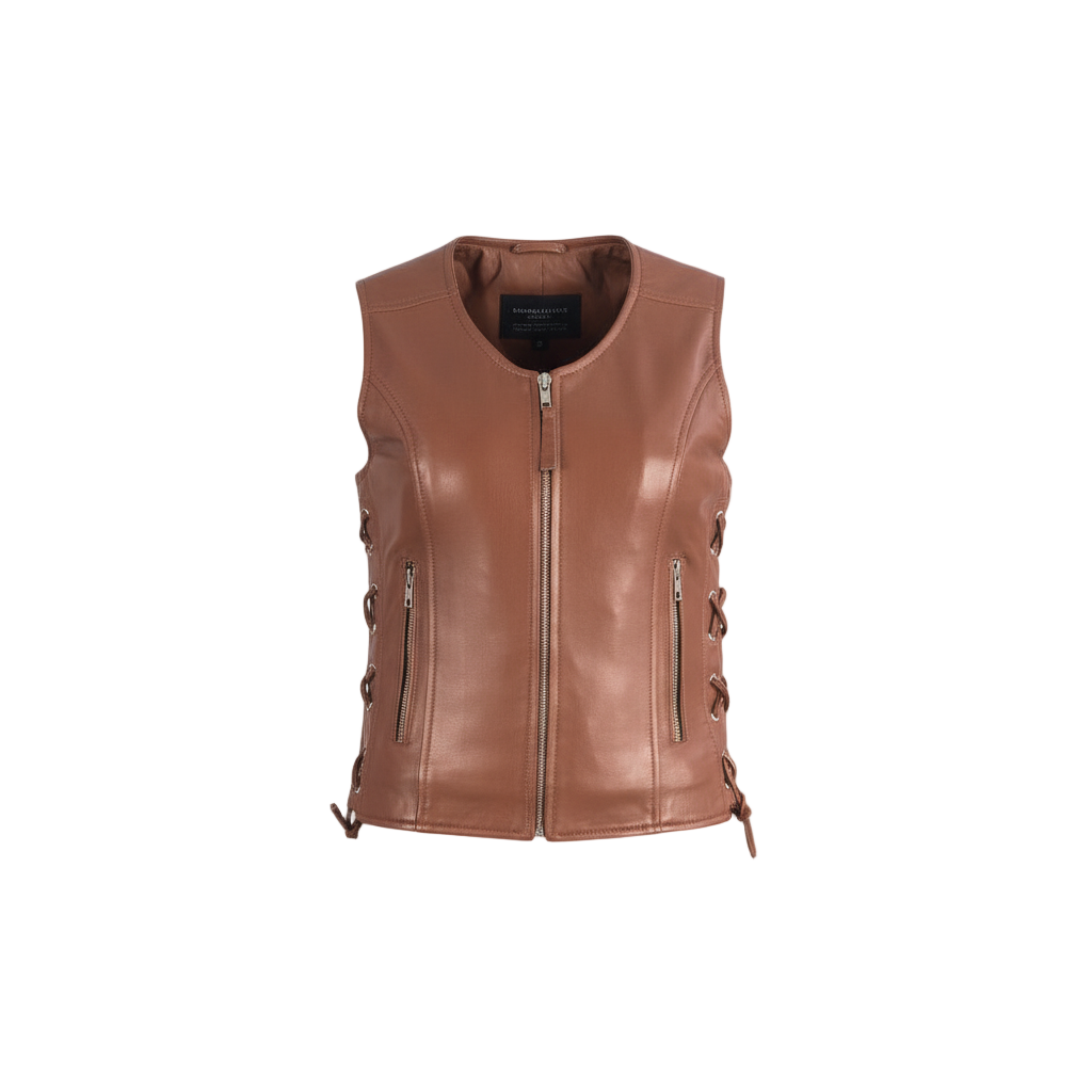 Brown leather vest with lace-up details on a light gray background