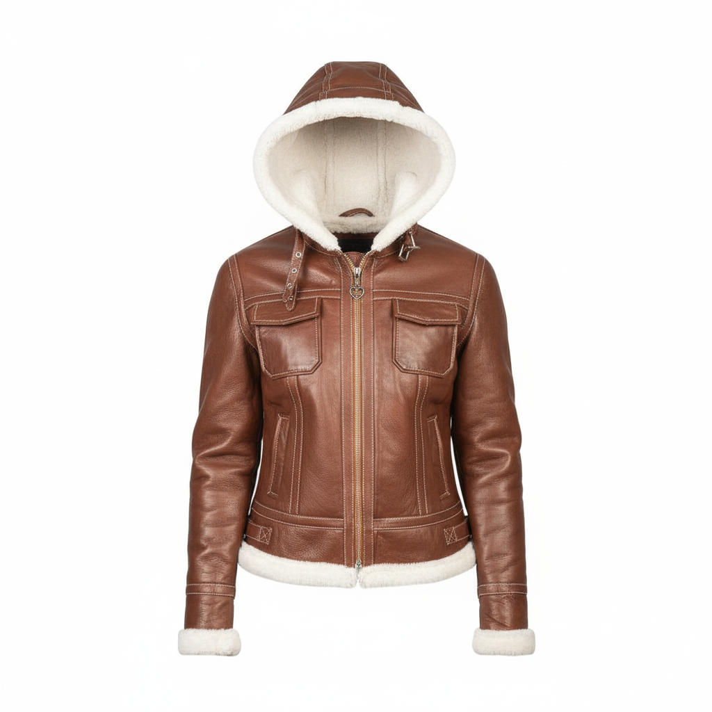 Brown leather jacket with white fur lining on a white background