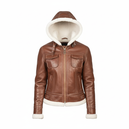 Brown leather jacket with white fur lining on a white background