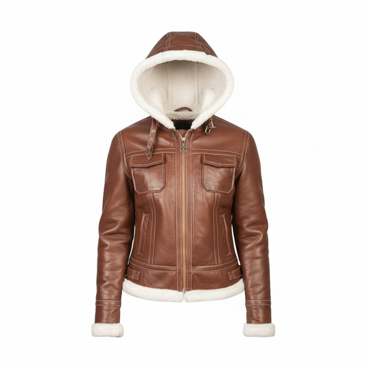 Brown leather jacket with white fur lining on a white background