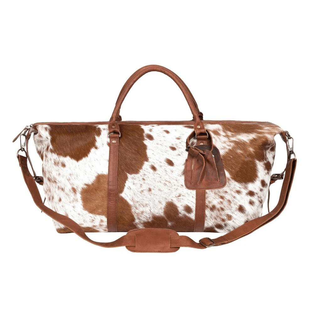 Brown and White Cowhide Leather Duffle Bag - CoreFlexInd