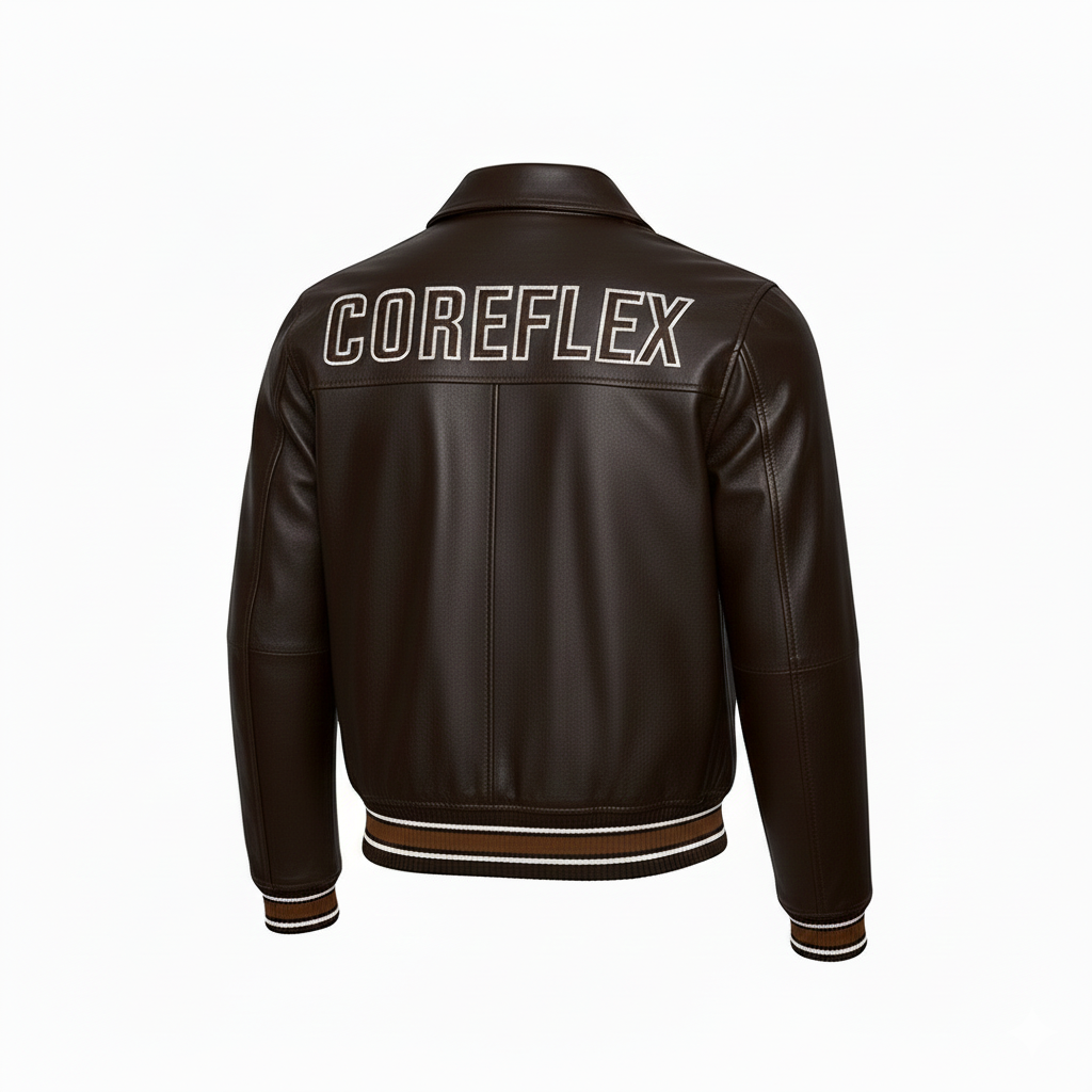 Brown leather jacket with 'COREFLEX' branding on the back against a white background