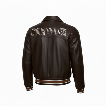 Brown leather jacket with 'COREFLEX' branding on the back against a white background