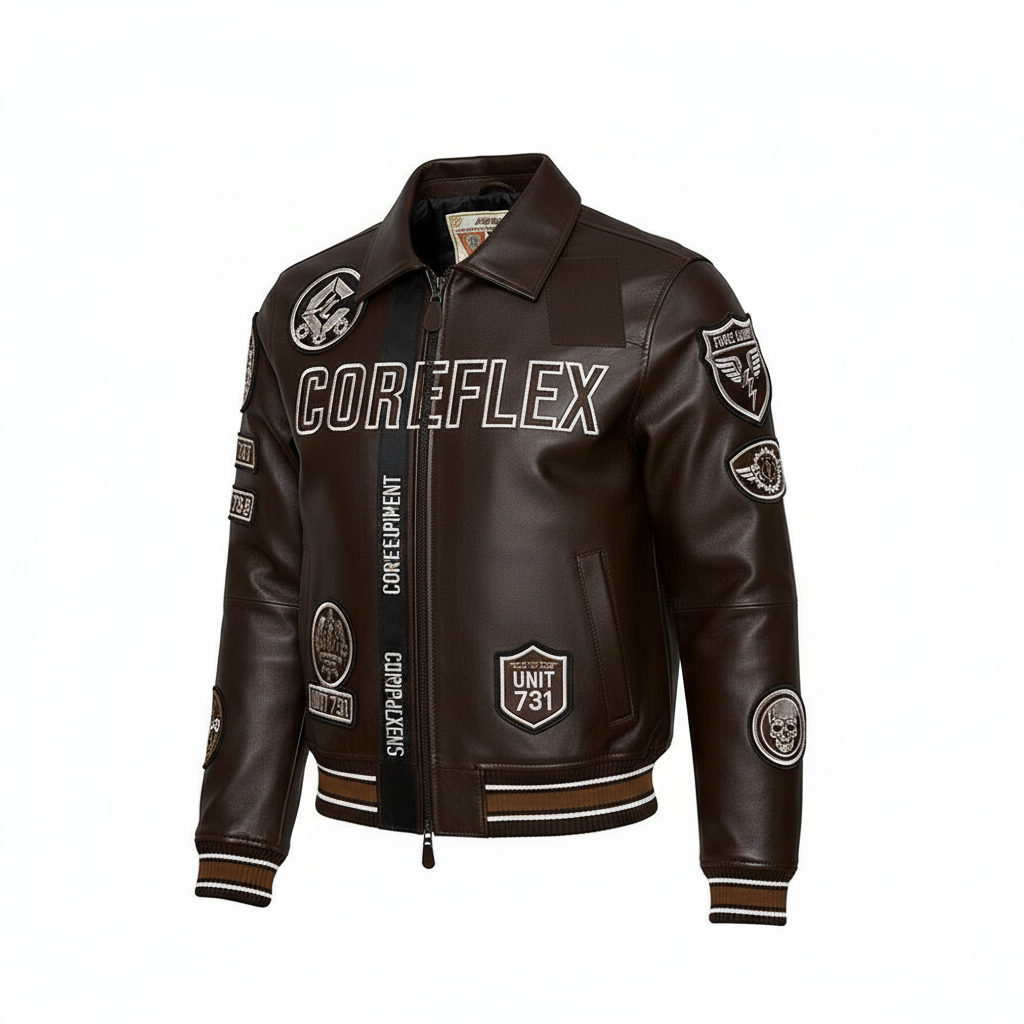 Brown leather jacket with 'COREFLEX' branding and various patches on a white background