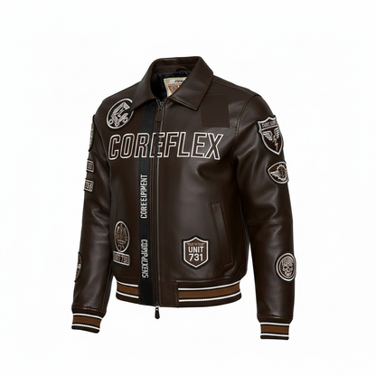 Brown leather jacket with 'COREFLEX' branding and various patches on a white background