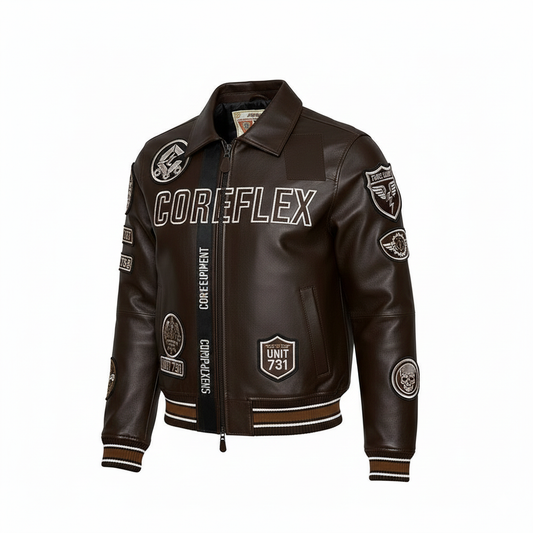 Brown leather jacket with 'COREFLEX' branding and various patches on a white background