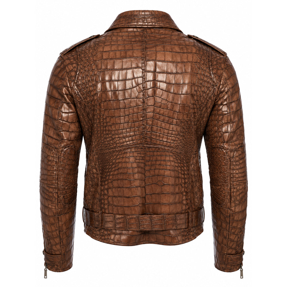 Burnished Clay Crocodile-Textured Leather Jacket