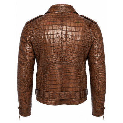 Burnished Clay Crocodile-Textured Leather Jacket