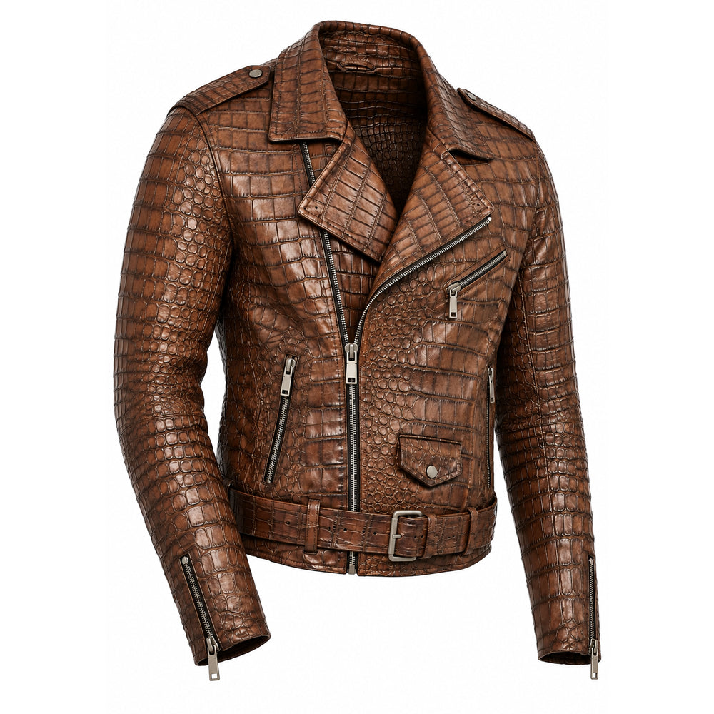 Burnished Clay Crocodile-Textured Leather Jacket