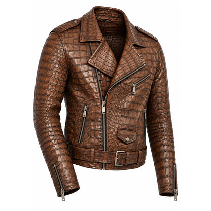 Burnished Clay Crocodile-Textured Leather Jacket