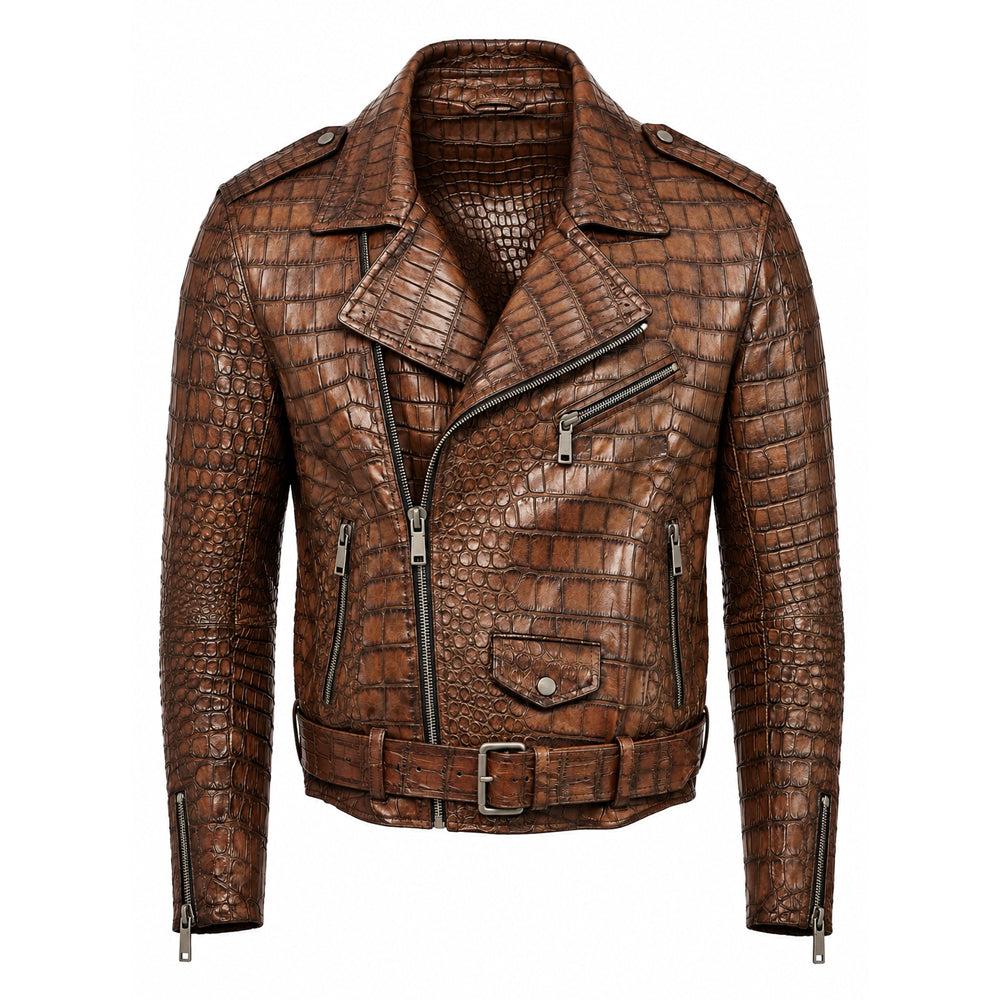 Burnished Clay Crocodile-Textured Leather Jacket