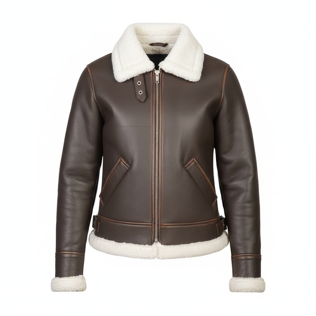 Brown leather jacket with white fur lining on a white background