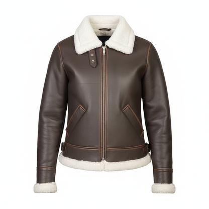 Brown leather jacket with white fur lining on a white background
