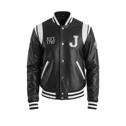 Black varsity jacket with white accents and branding on a white background