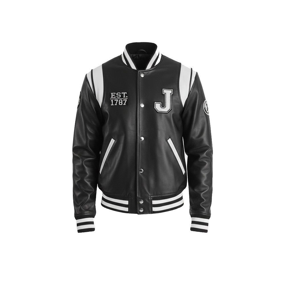 Black varsity jacket with white accents and branding on a white background
