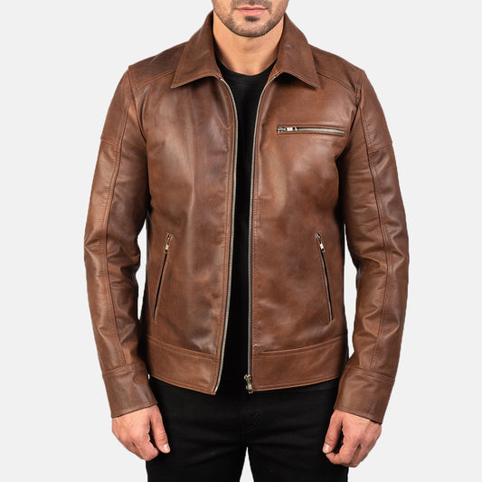 Cedarwood Brown Leather Biker Jacket