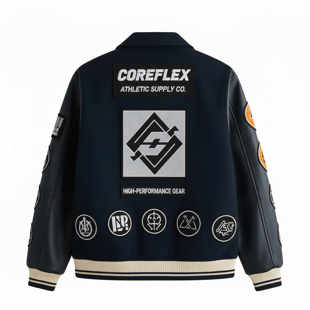Black jacket with 'COREFLEX ATHLETIC SUPPLY CO.' branding and logos on a white background