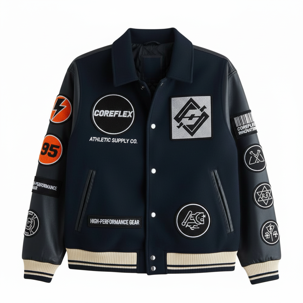 Black varsity jacket with multiple logos and branding on a white background