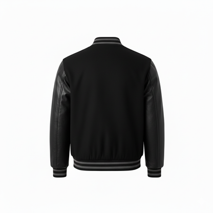 Black jacket with leather sleeves on a white background