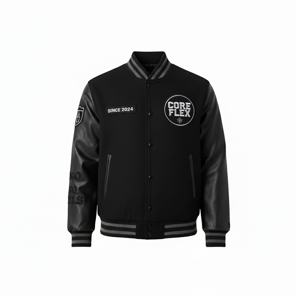 Black varsity jacket with 'CORE FLEX' logo on a white background
