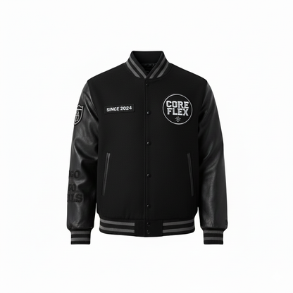 Black varsity jacket with 'CORE FLEX' logo on a white background