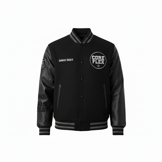 Black varsity jacket with 'CORE FLEX' logo on a white background