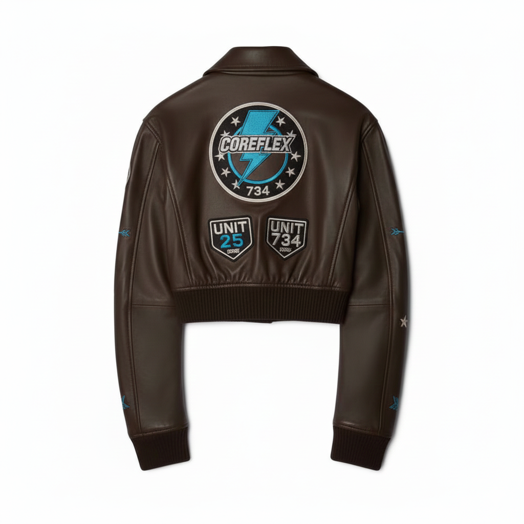 Brown leather jacket with 'Coreflex' logo and text on a white background