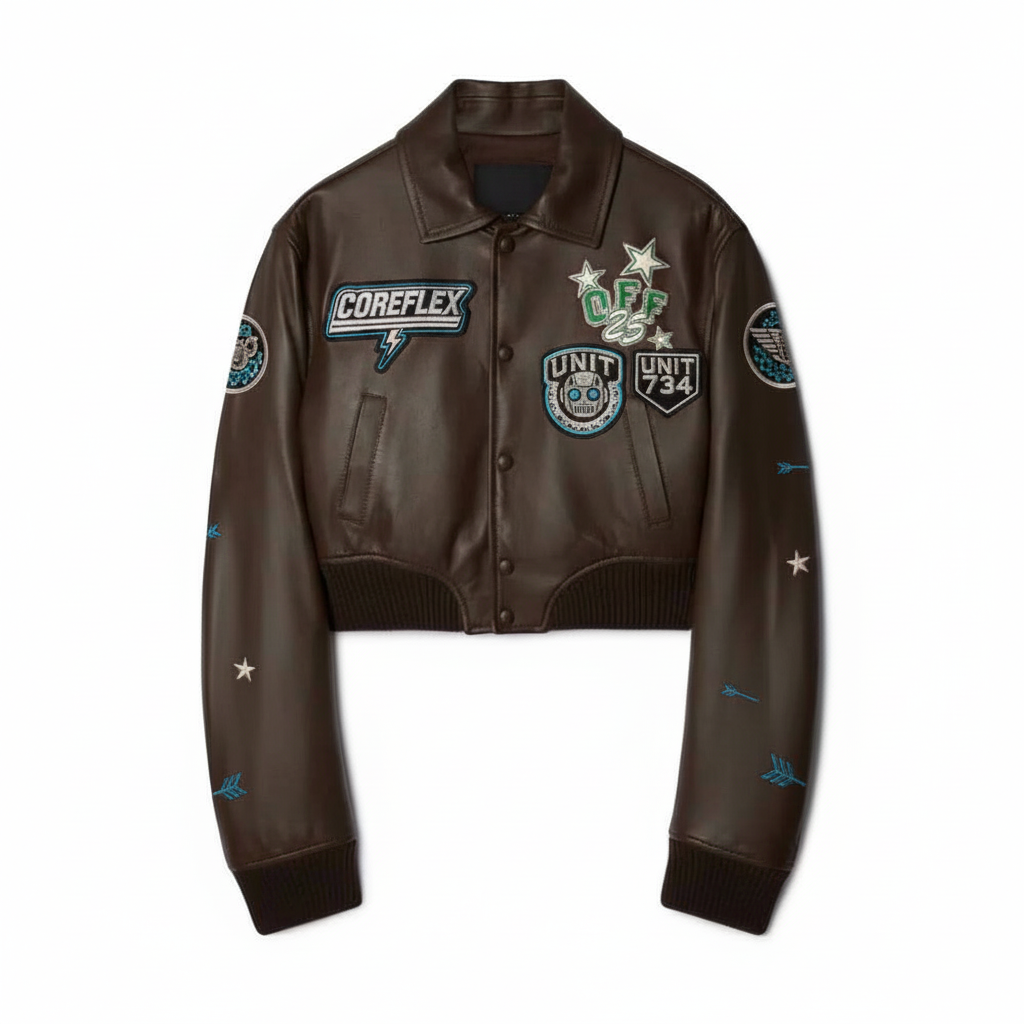 Brown leather jacket with various patches on a white background