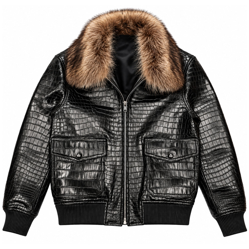 Black crocodile-embossed leather bomber jacket with a brown fur collar, featuring a front zipper, ribbed knit cuffs and hem, and two buttoned flap chest pockets, shown on a plain white background.