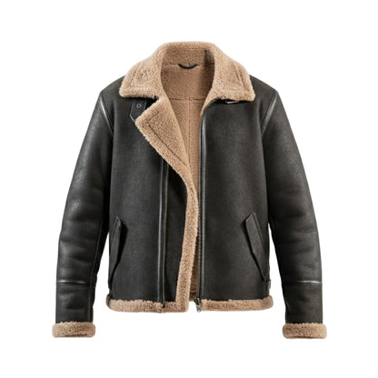 سترة طيار كلاسيكية من الجلد البني الداكن من فرو المنك