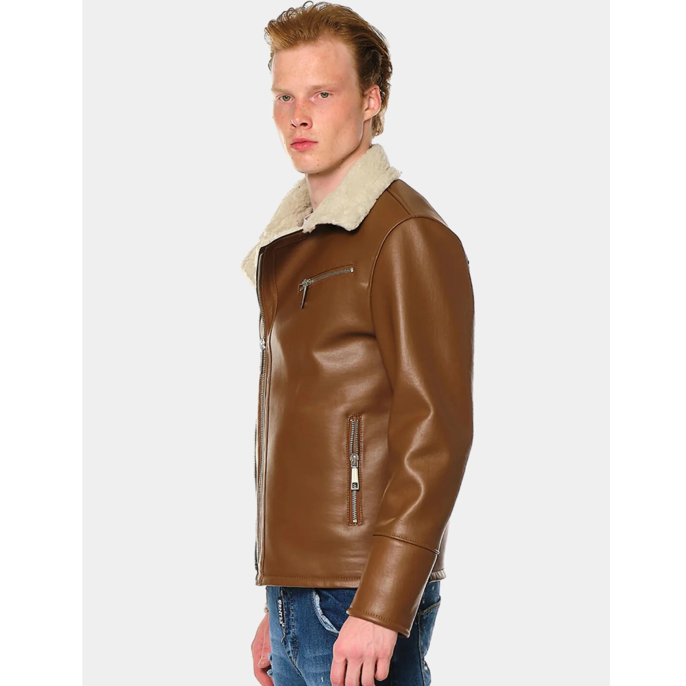 Classic Tan Leather Shearling Biker Jacket