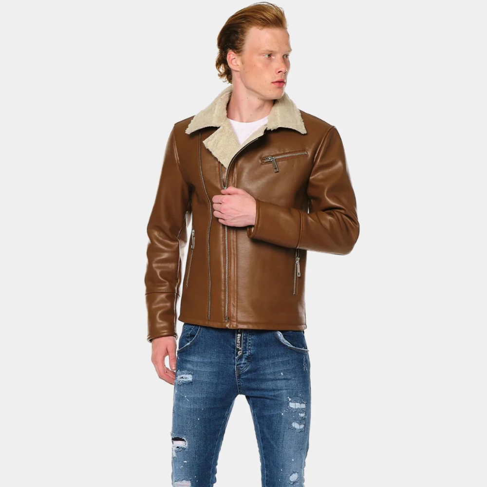 Classic Tan Leather Shearling Biker Jacket