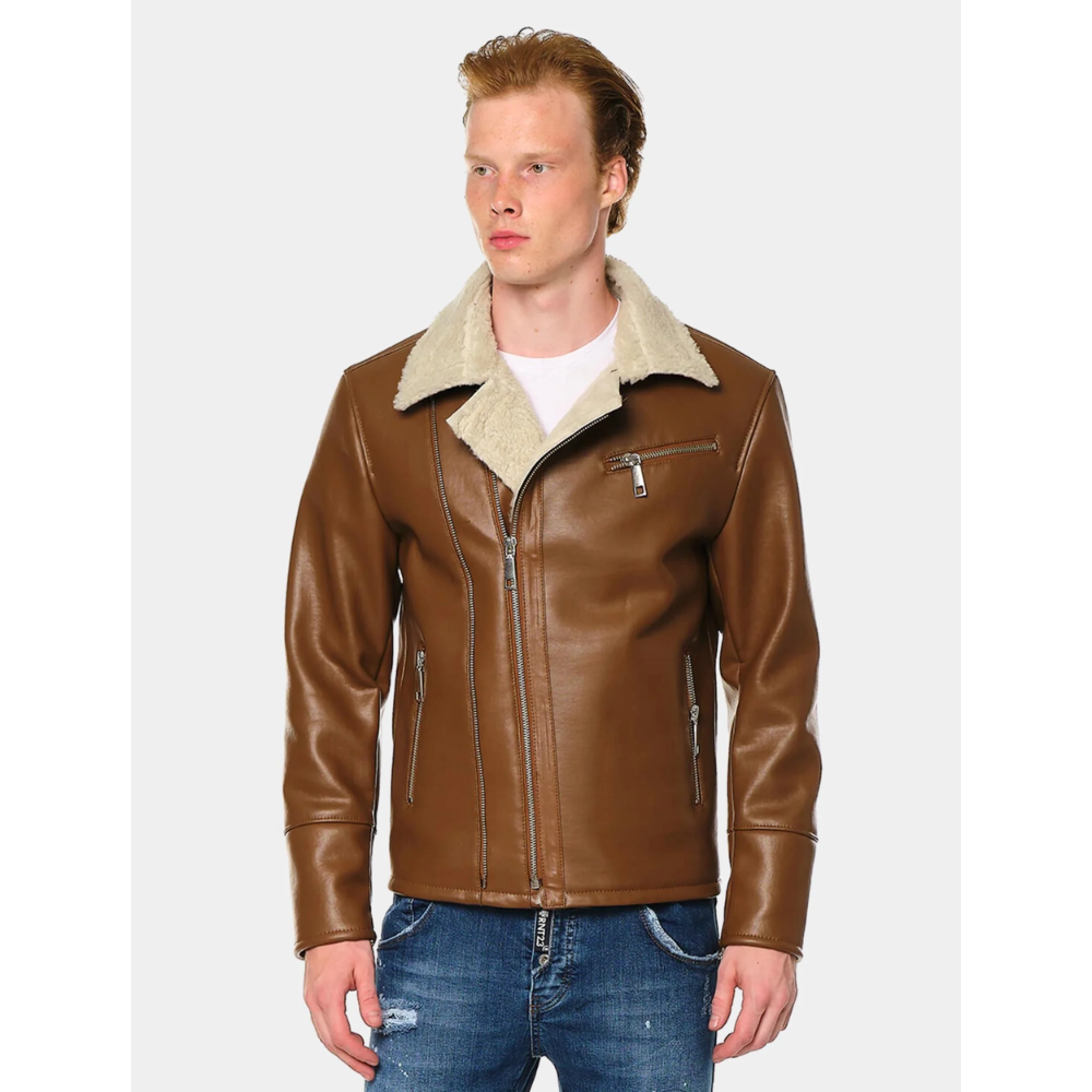 Classic Tan Leather Shearling Biker Jacket