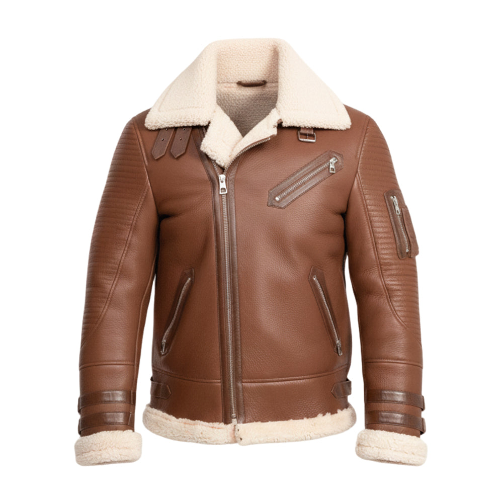 Elegantní hnědá kožená pilotní bunda z ovčí kůže