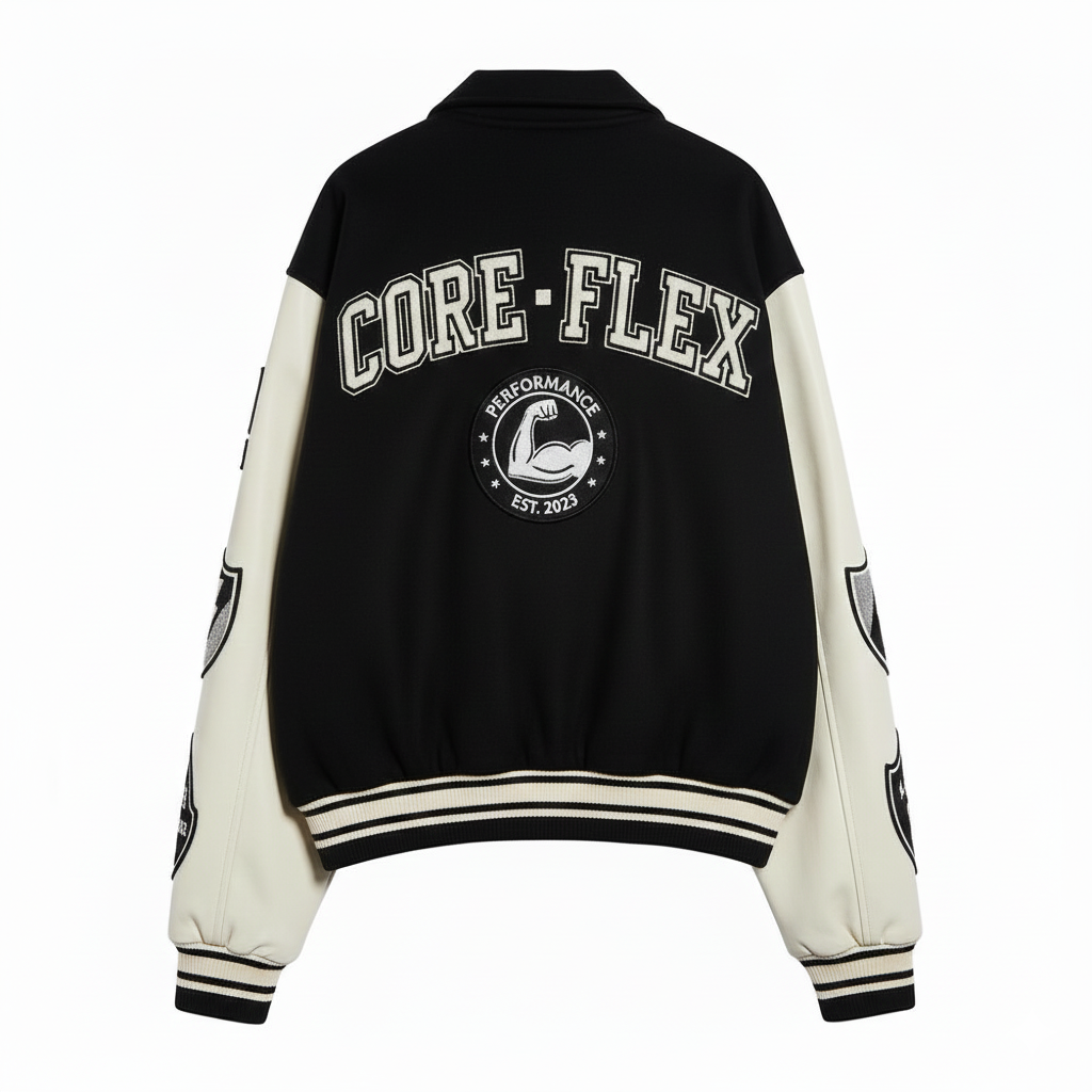 Black and white varsity jacket with 'CORE-FLEX' branding on a white background