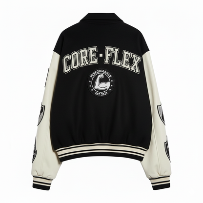 Black and white varsity jacket with 'CORE-FLEX' branding on a white background