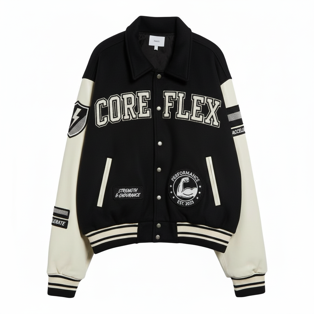 Black and white varsity jacket with 'CORE FLEX' branding on a white background