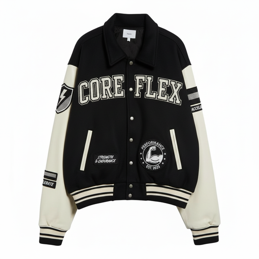 Black and white varsity jacket with 'CORE FLEX' branding on a white background