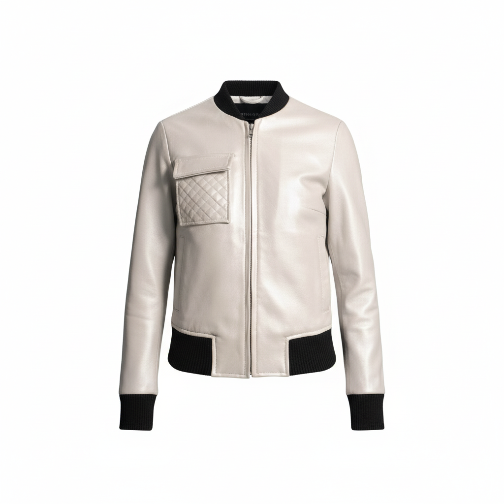 White leather jacket with black accents on a white background