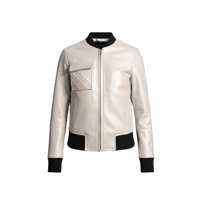 White leather jacket with black accents on a white background