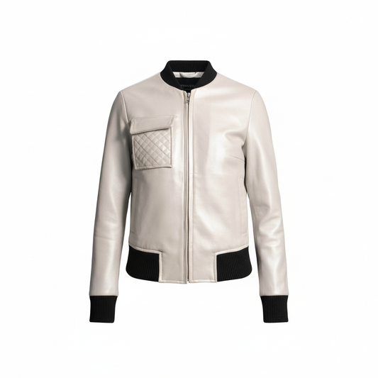 White leather jacket with black accents on a white background