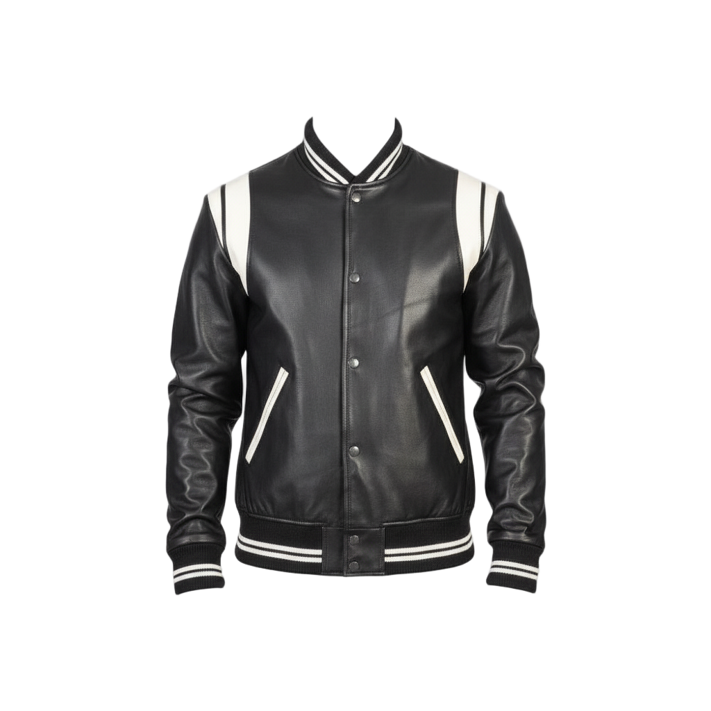 Black leather varsity jacket with white accents on a light gray background