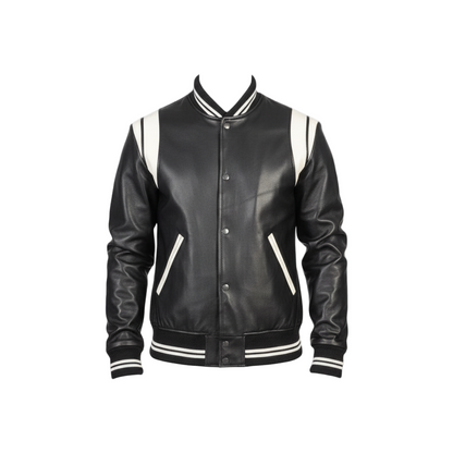Black leather varsity jacket with white accents on a light gray background