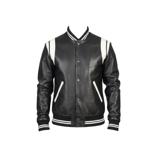 Black leather varsity jacket with white accents on a light gray background