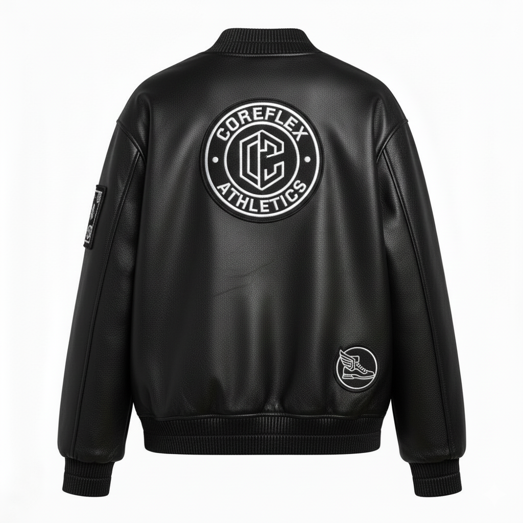 Black leather jacket with 'Coreflex Athletics' logo on the back against a white background