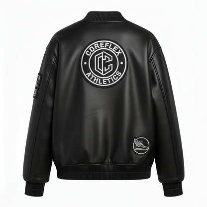 Black leather jacket with 'Coreflex Athletics' logo on the back against a white background